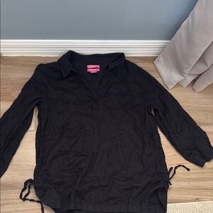 Isaac Mizrahi Black 3/4 Sleeve Polo Button Down Shirt 100% linen